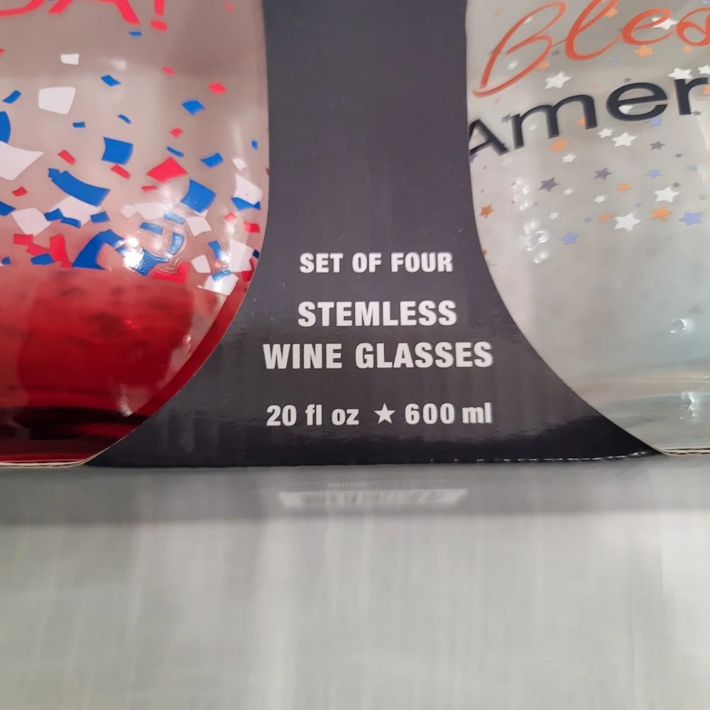 NEW IN PACKAGE Set of 4 USA Themed Stemless 20oz Wine Glasses - Picture 5 of 6